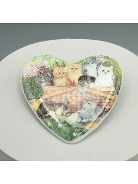 Heart Shaped Kittens Cats In A Basket Ceramic Heart Shaped Brooch Pin